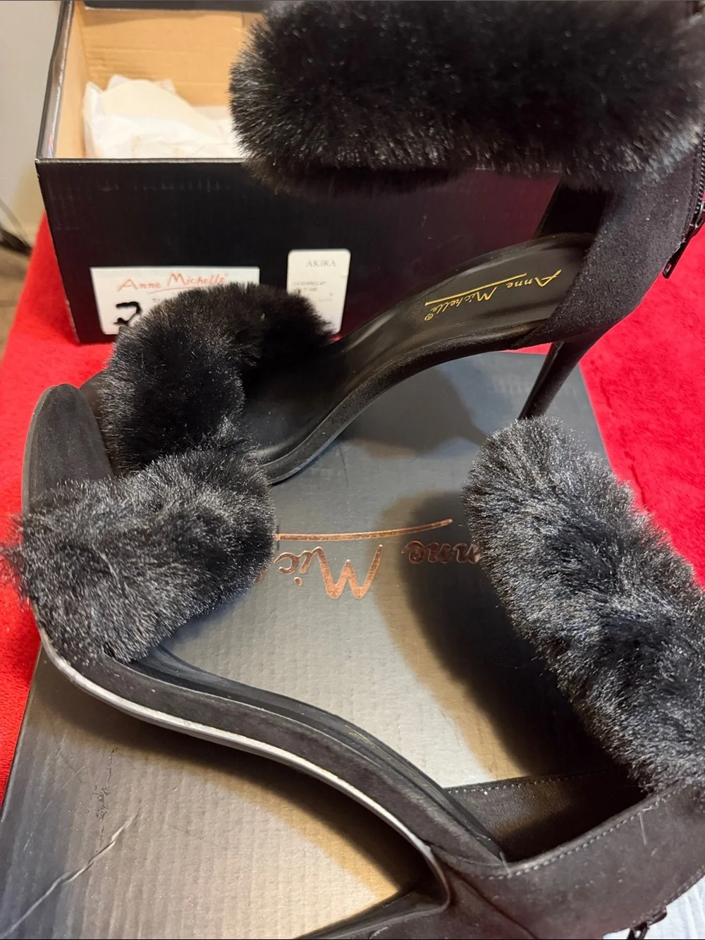 Black Faux Fur Ankle-Strap Stiletto Sandals